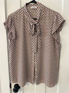 Calvin Klein Blush Pink and Black Geometric Tie-Neck Cap Sleeve Blouse